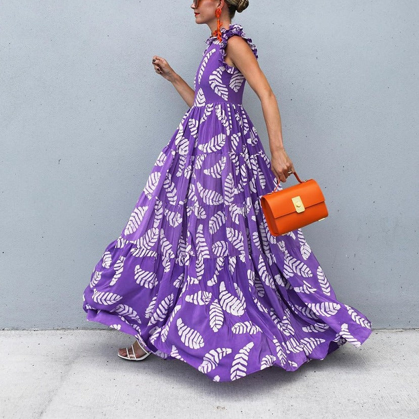 Violet Print Sleeveless Large Hem Dress