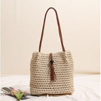 Women's Pleated Tassel Straw Shoulder Bag