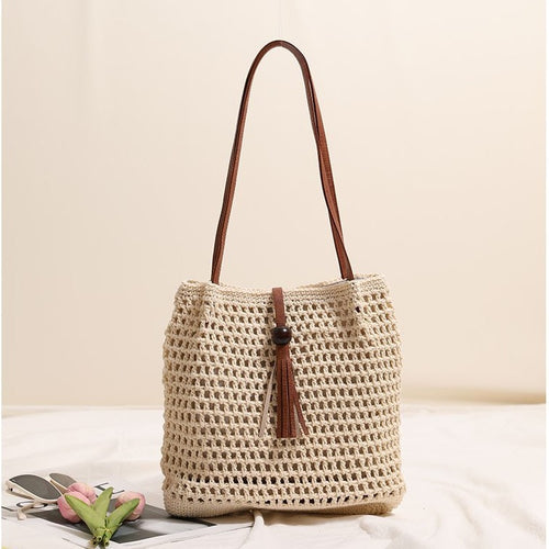 Women's Pleated Tassel Straw Shoulder Bag
