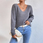 Sweater Lace Stitching Sexy Backless Hollow Out Cutout out V neck Pullover Long Sleeve Sweater Women