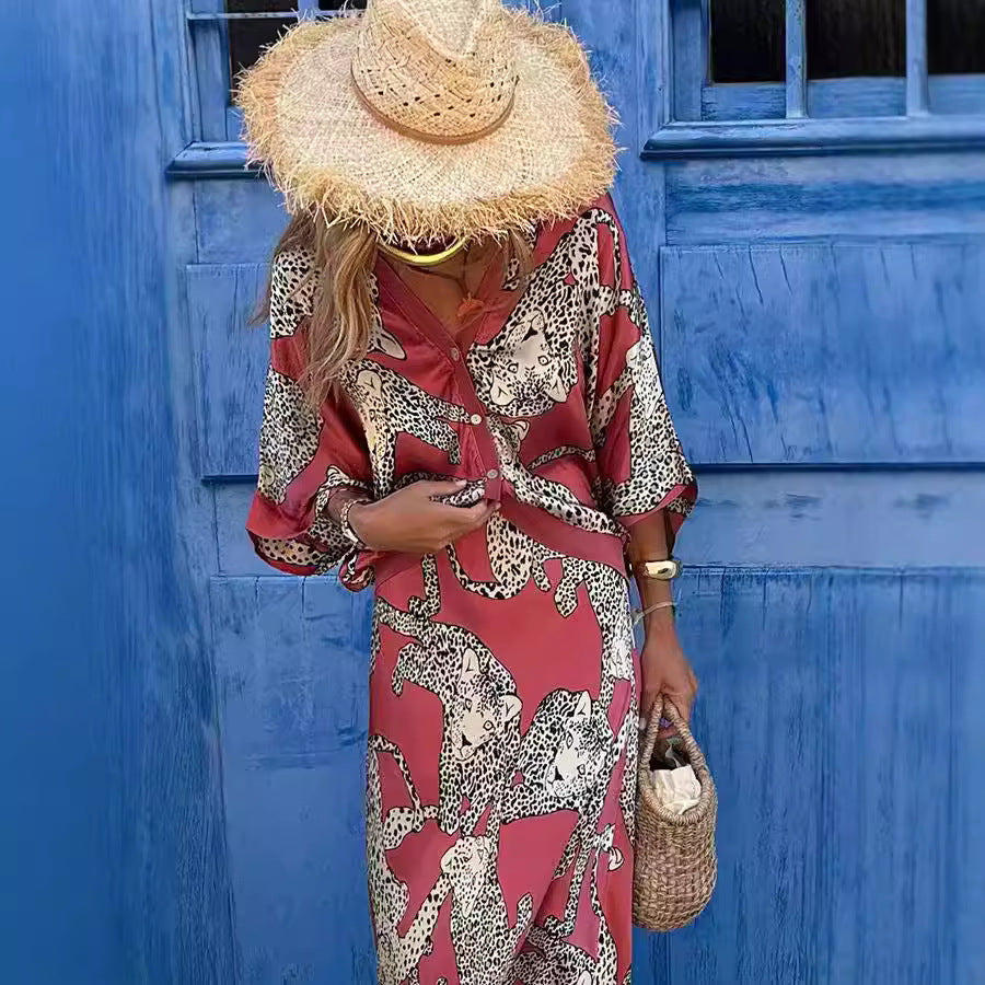 Printing Series Buckle Top Skirt Set