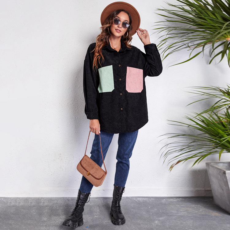 Women's Loose Corduroy Shirt Mid-Length Patchwork Pocket Drop-Shoulder Long-Sleeve Thin New