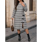 Plus Size Women Black White Lattice Pattern Dress round Neck
