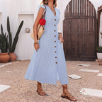 Light blue striped midi dress with V-neck and gold-tone buttons, short cap sleeves