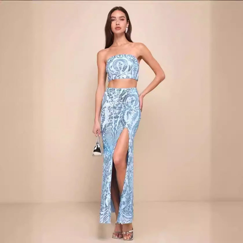 Women's Shiny Charming Light Blue Sequined Party Skirt Suit