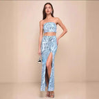 Women's Shiny Charming Light Blue Sequined Party Skirt Suit