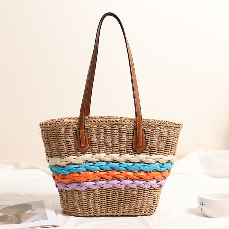 Women's Rainbow Stripe Straw Shoulder Bag
