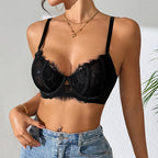 's Black See Through Lace Eyelash Lace Steel Ring Bra Underwear