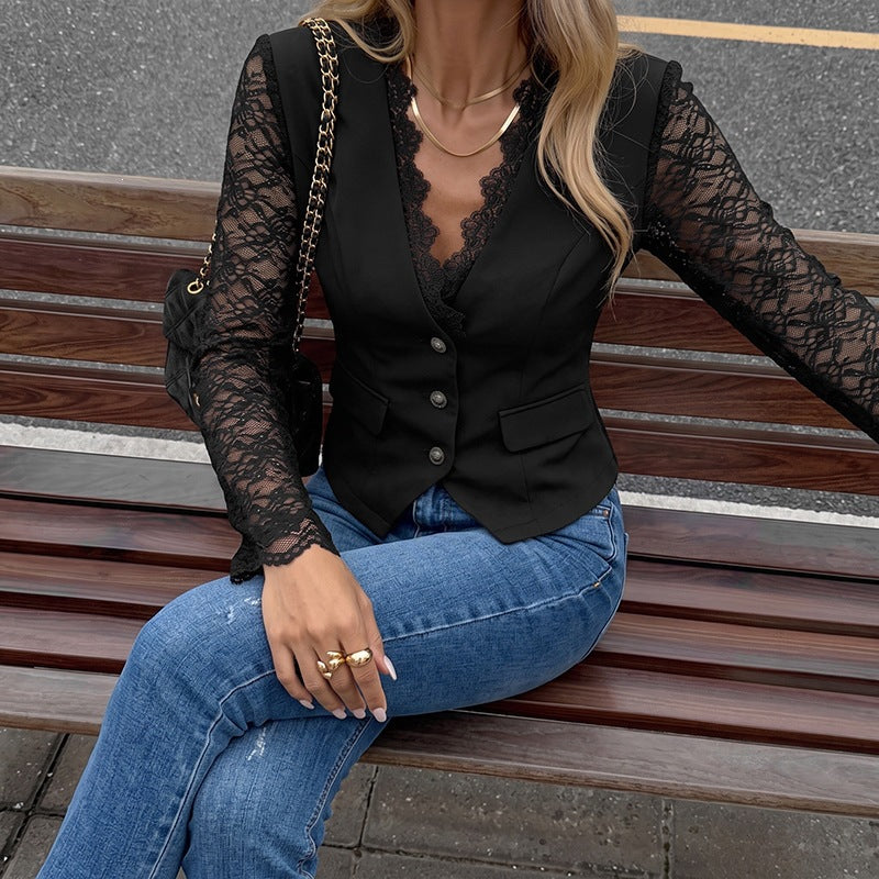 Women's Blazers Autumn Winter Stitching Lace Long Sleeve Lace V Neck Twill Coat Women