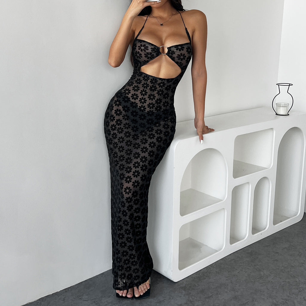 Elegant Halter See through Sexy Low Cut Metal Ring Hollow