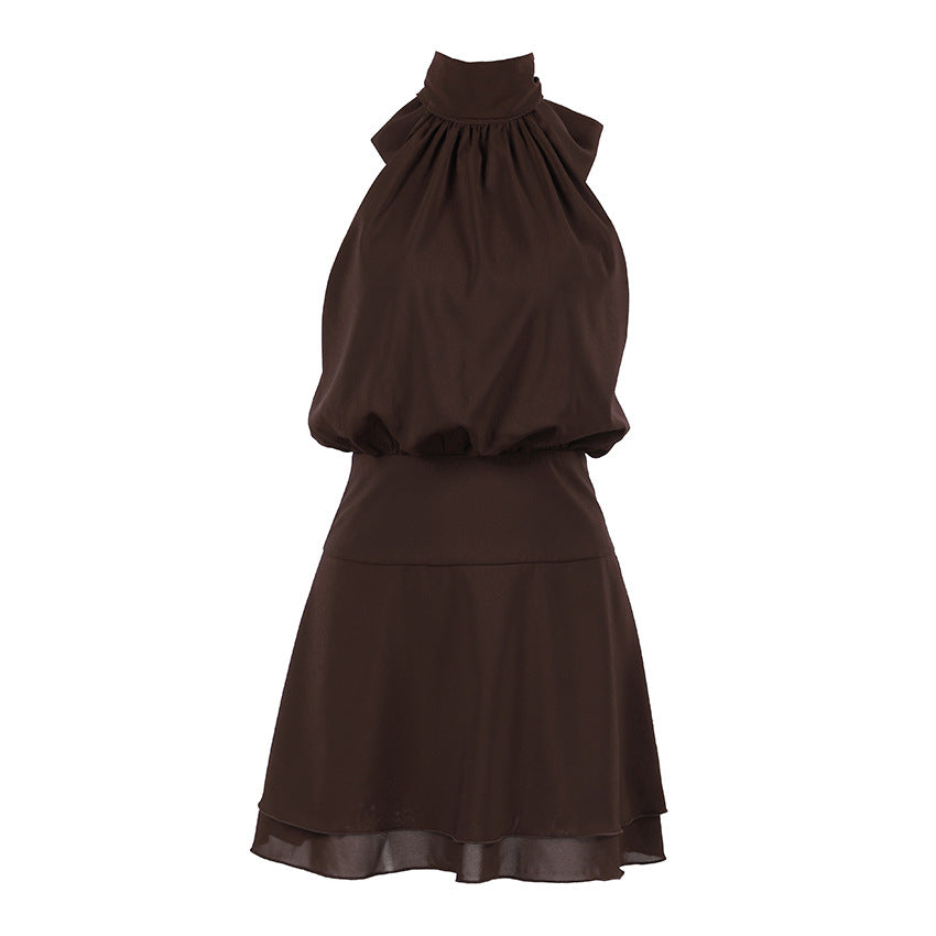 Brown halter mini dress flat lay with high neck ruching and layered skirt
