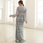 Women's Sequin Fringe V-Neck Long Sleeve Evening Dress