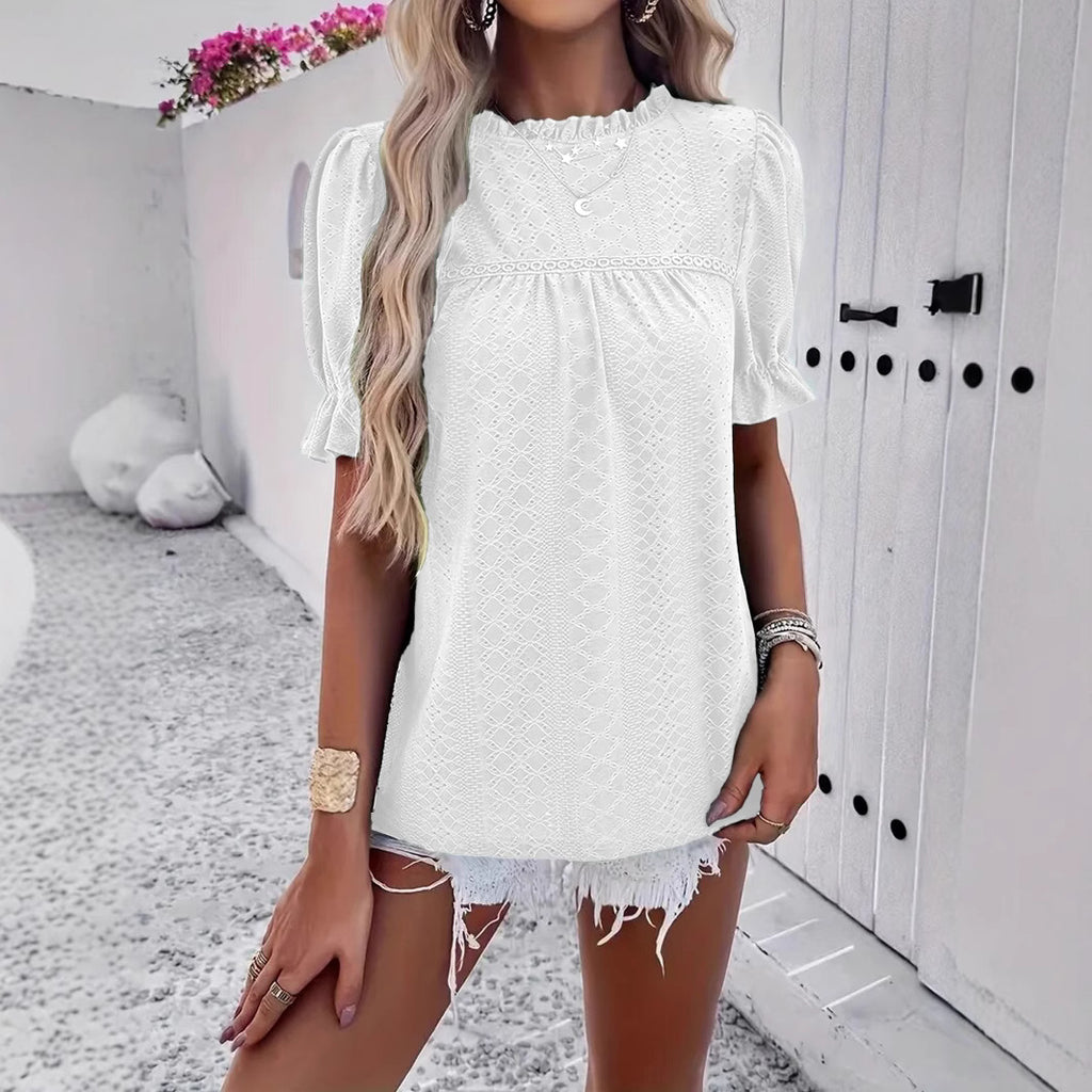 Women's Printed Ruffle Sleeve Fluted Collar Top