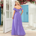 Women's Bandeau One-Shoulder Sequin Stitching Back Zip Bow Side Slit Long Dress