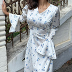 Women's Floral Satin V-Neck A-Line Dress