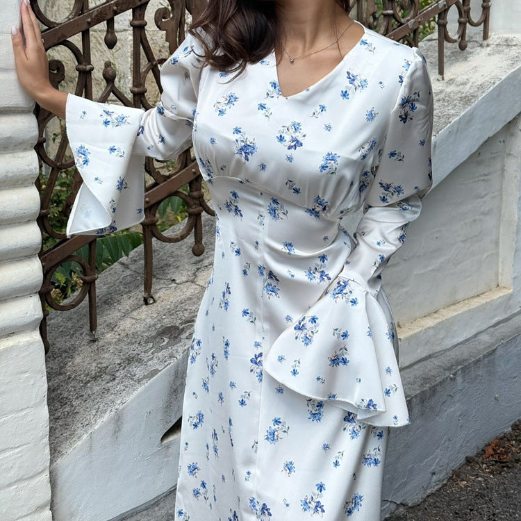 Women's Floral Satin V-Neck A-Line Dress