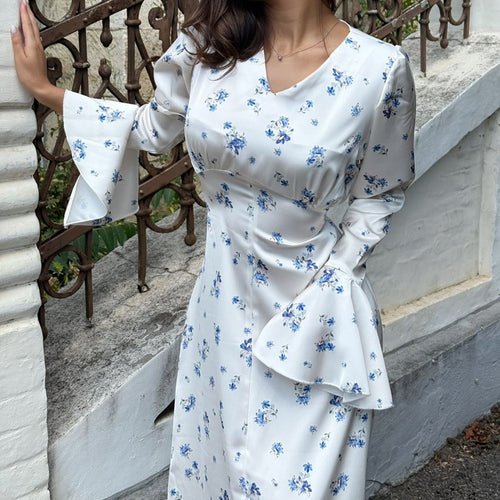 Women's Floral Satin V-Neck A-Line Dress