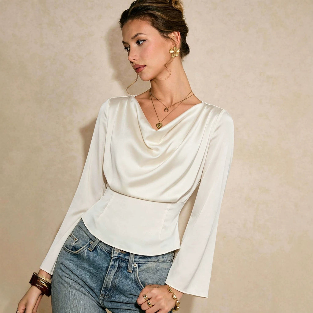 Satin Swing Collar Long-Sleeved Shirt Women Slingback Waist