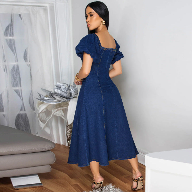 U-Neck Short-Sleeve Denim Maxi Dress
