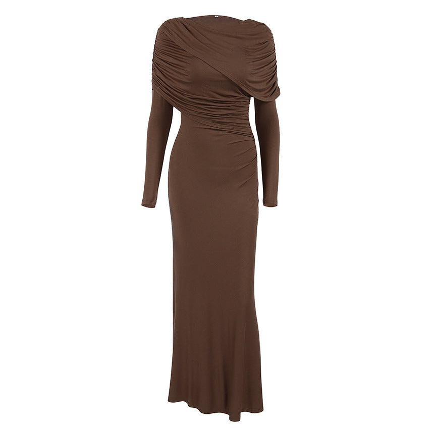 Crew-Neck Long-Sleeve Ruched Bodycon Maxi Dress