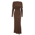 Crew-Neck Long-Sleeve Ruched Bodycon Maxi Dress