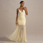 Women's V-Neck Mesh Ruched Maxi Dress