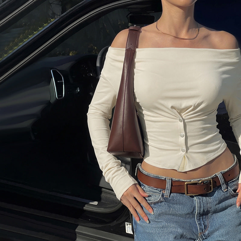 Niche Swing Collar Slim Fit Slimming Short Sleeved T shirt for Women Summer Sexy Long Sleeved Top