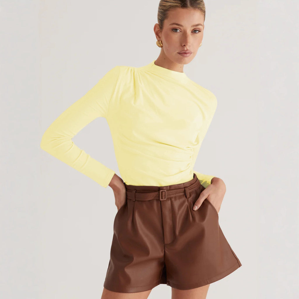 Women's Clothing Office Sexy Pleated Small Turtleneck T Shirt Sense Tight Long Sleeve Shoulder Solid Color Top