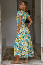Floral Puff Sleeve Ruffled A-Line Maxi Dress