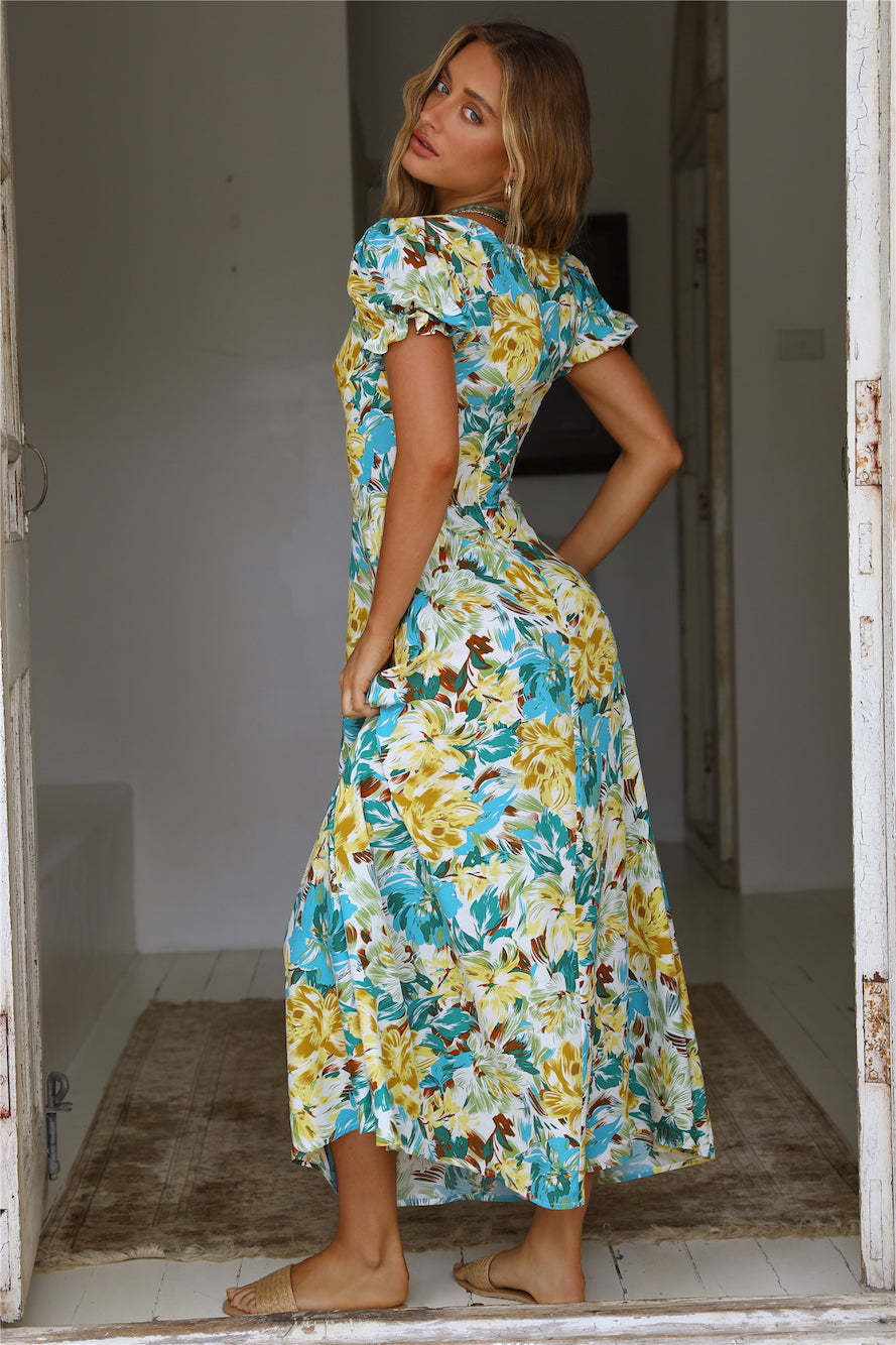 Floral Puff Sleeve Ruffled A-Line Maxi Dress