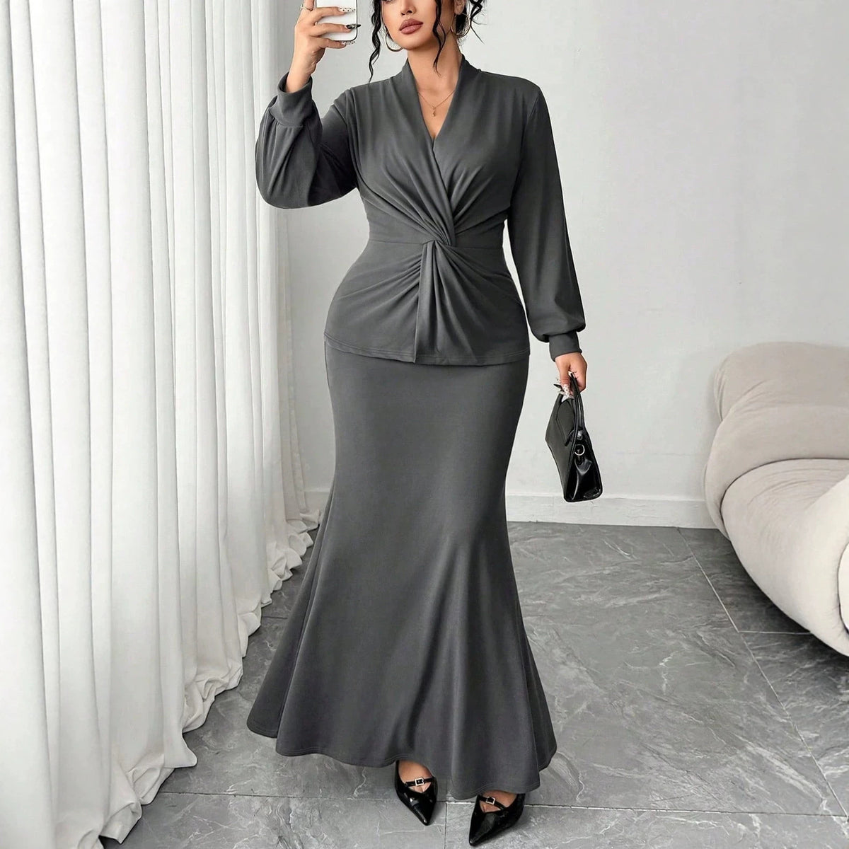 Women's Plus Size V Neck Cross Twisted Waist Controlled Long