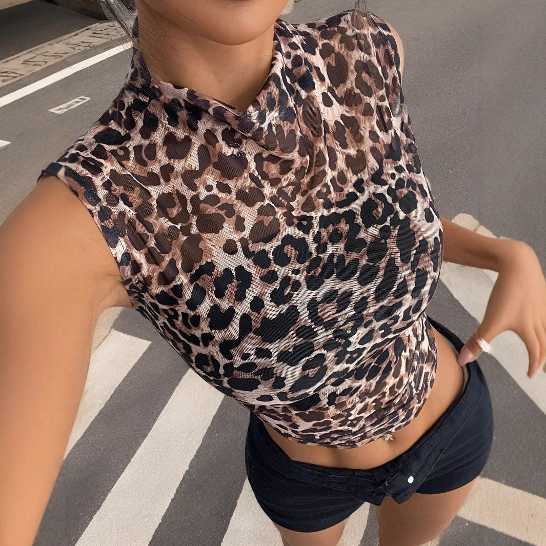 Summer Women Tops Slim Fit Slimming Sleeveless Leopard Print Stand Collar Sexy Women