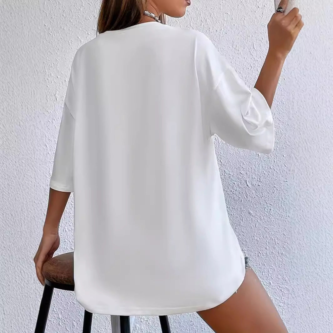 Women's Summer Ladies Casual All Match Round Neck Cartoon Beverage Printing Short Sleeve Loose T Shirt