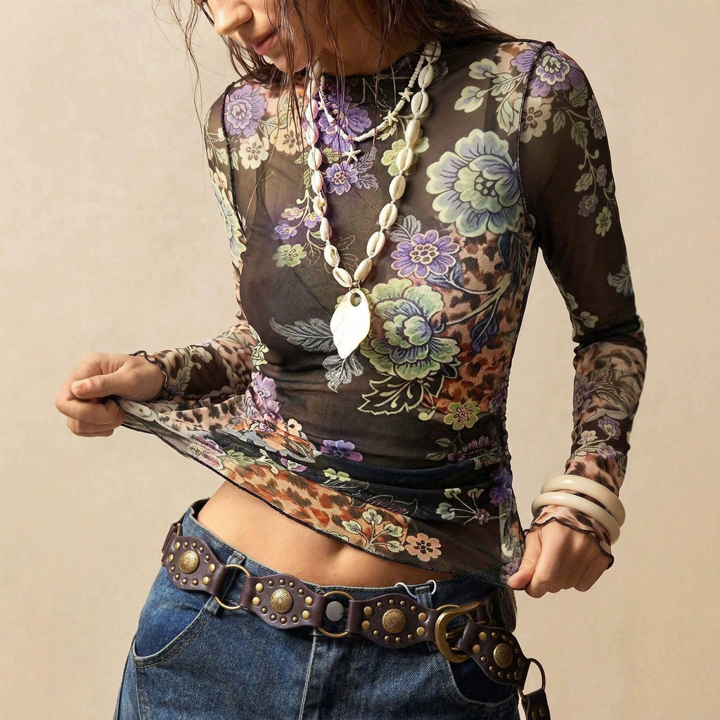 Autumn Vintage Leopard Print Floral Mesh Half High Collar Long Sleeves Pleated Edge Top