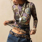 Autumn Vintage Leopard Print Floral Mesh Half High Collar Long Sleeves Pleated Edge Top