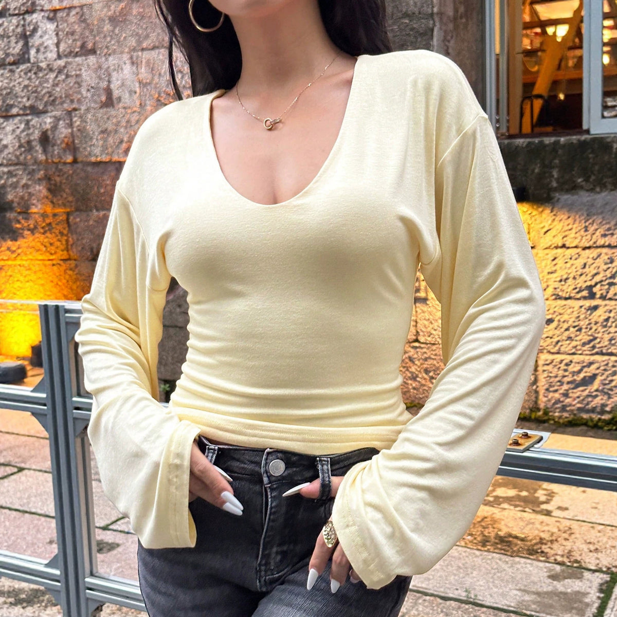 Women's V Neck Bell Sleeve Top Women's Tight Waist Slimming