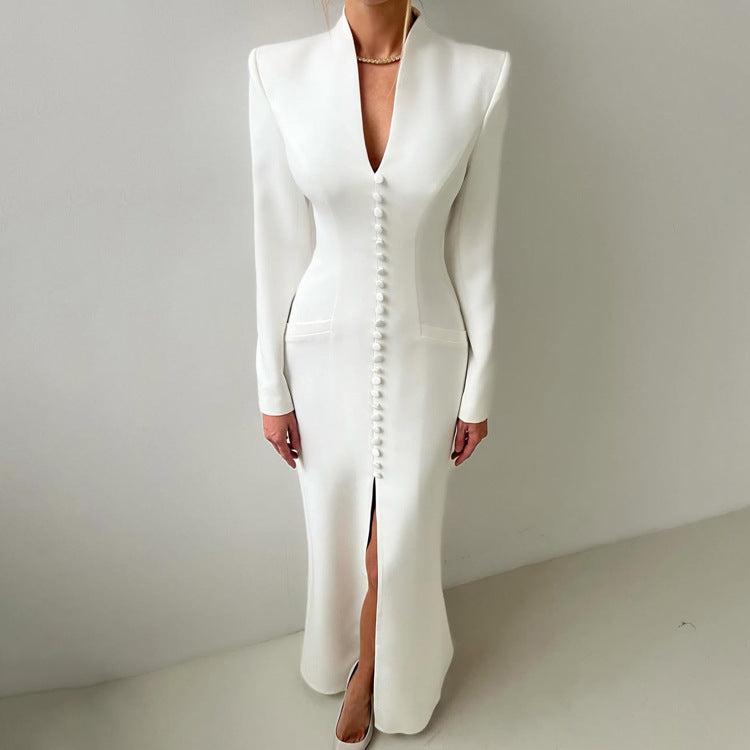 V-Neck Long-Sleeve Split Maxi Dress