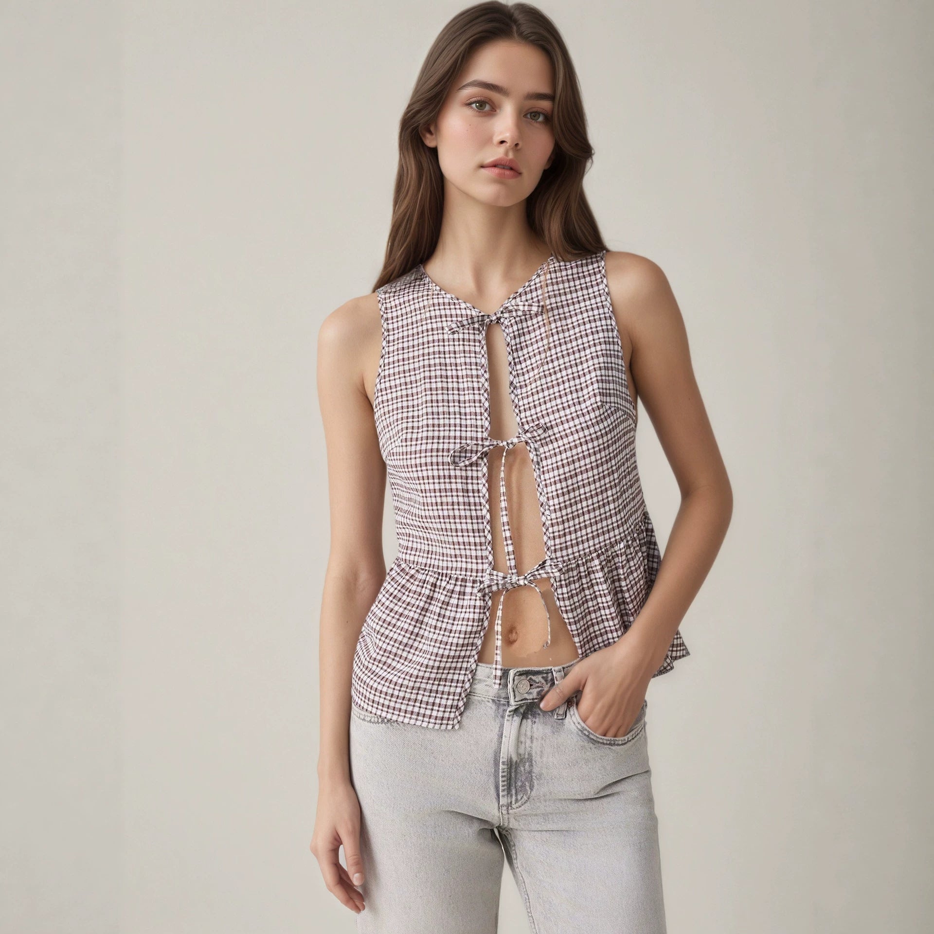 Plaid Sleeveless Vest Women Summer Front Mid Length Lace up Cutout Design Waist Tight Slimming Vest Top