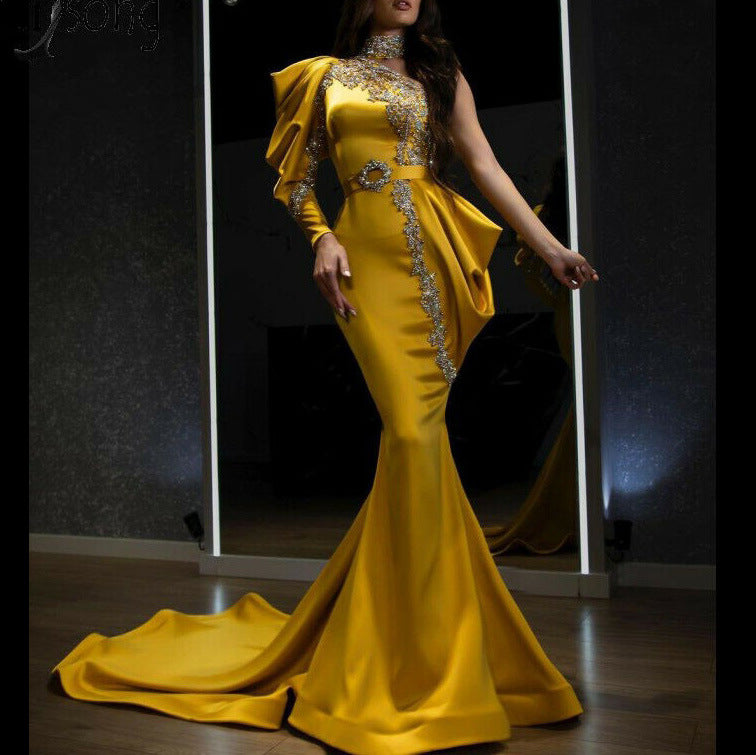 Women's Gold Sequin High-Neck Long Sleeve Maxi Dress