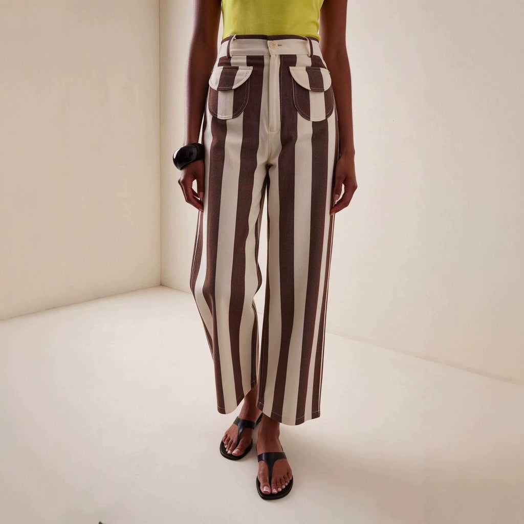 Women's Retro Brown Striped High Waist Loose Slimming Casual Women Jeans