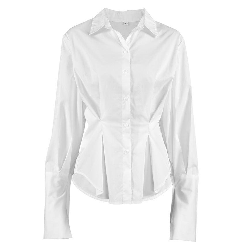 Women's Luxury Pleat Waisted Slim-Fit Long-Sleeved Collared Shirt