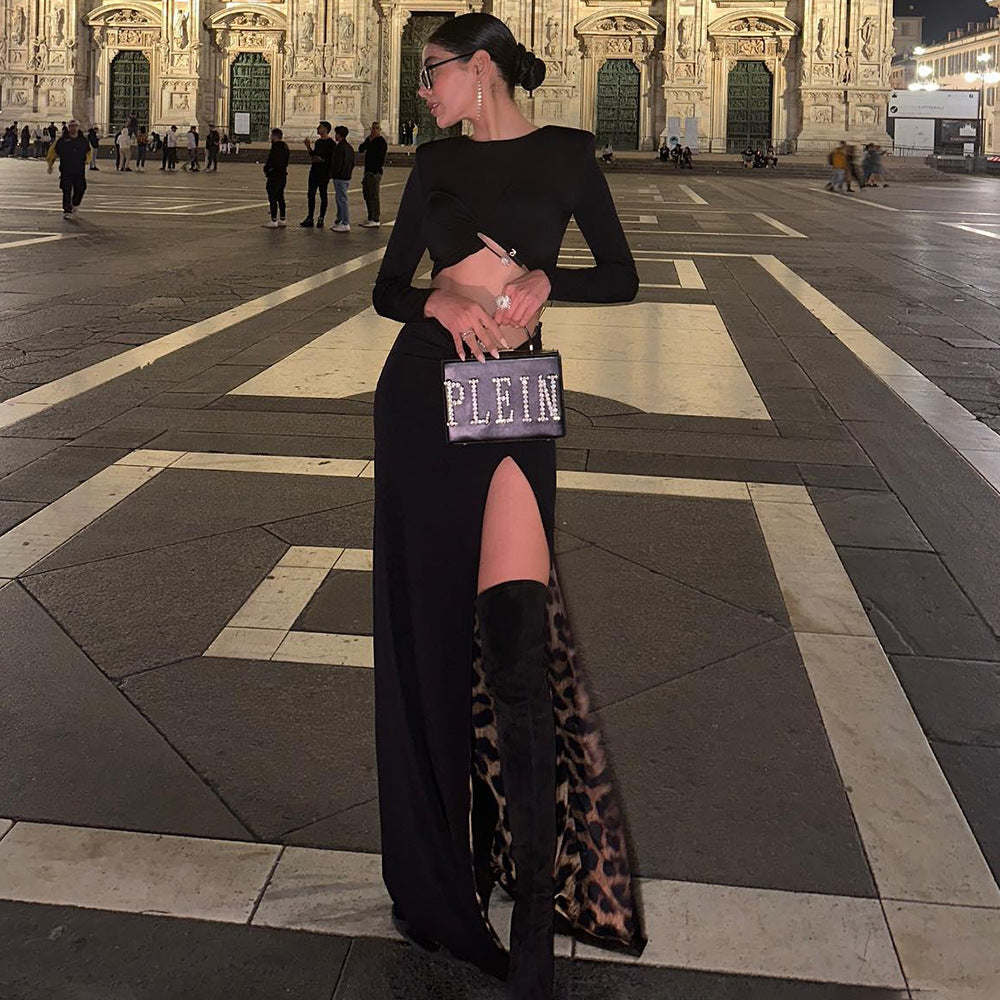 Spring Summer Black Long Sleeve Leopard Print Lining Two Piece Set High Slit Long