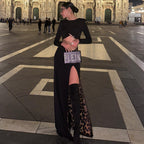 Spring Summer Black Long Sleeve Leopard Print Lining Two Piece Set High Slit Long