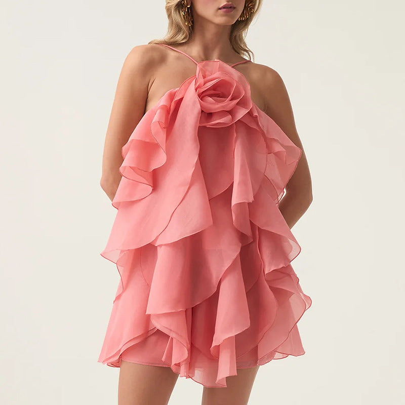 Women's 3D Floral Halter Backless A-Line Mini Dress