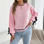 Women Clothing Autumn Winter Casual Contrast Color Bow Bandage Lantern Sleeve Sweater