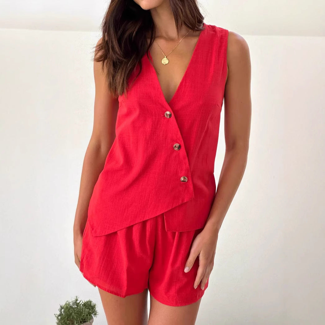 Women's Solid Color Shorts V neck Vest Waist Tight Shorts