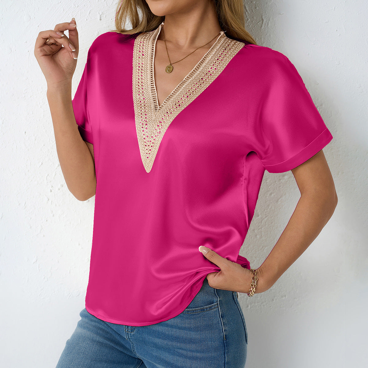 Women's V neck Satin T shirt Lace Loose Top