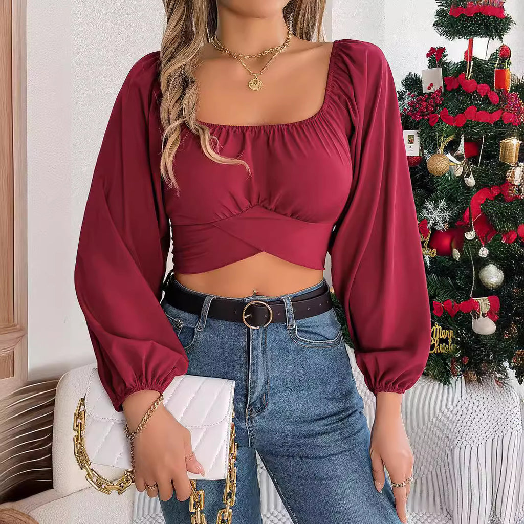 Women's Spring Summer Casual Lantern Sleeve Lace Up Waist Chiffon Shirt Cropped Top Women Clothing