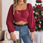 Women's Spring Summer Casual Lantern Sleeve Lace Up Waist Chiffon Shirt Cropped Top Women Clothing