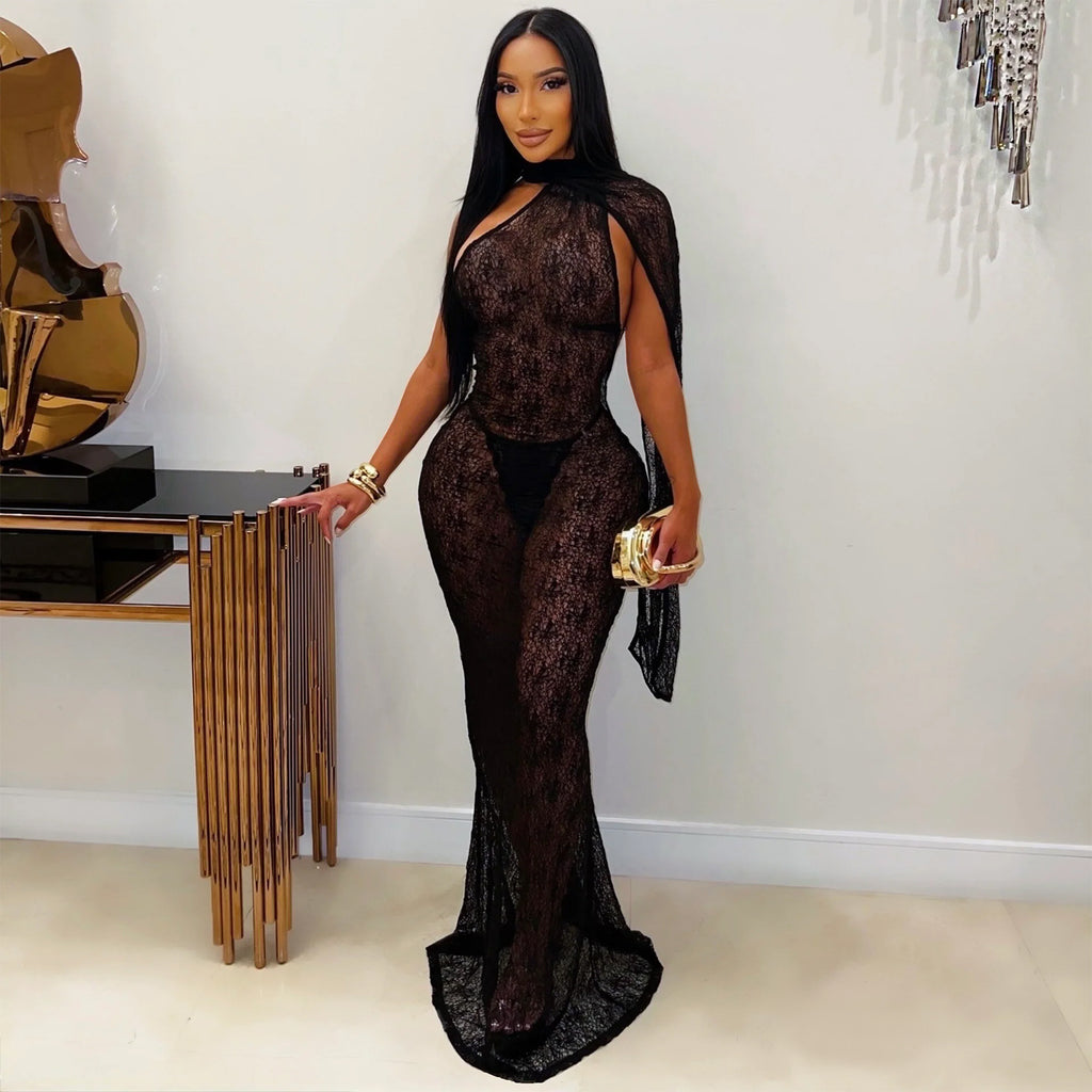 Women's Sheer Lace Halter Fishtail Dress